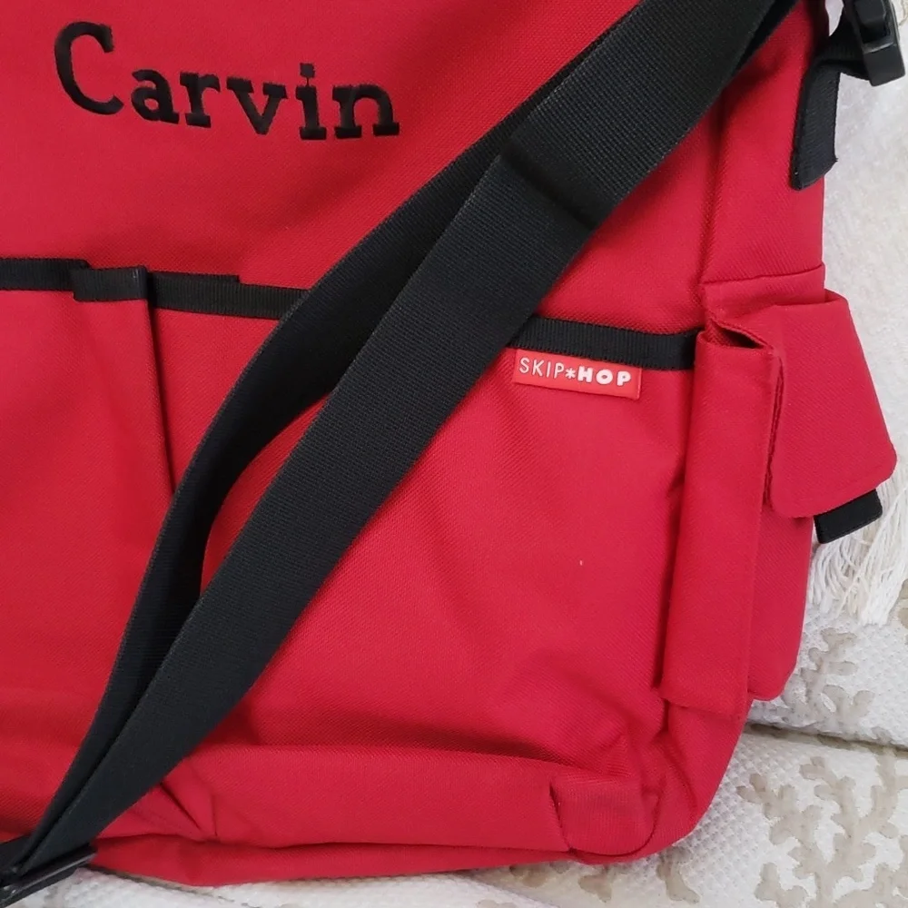 Skip Hop Diaper Bag Red Duo Stroller Friendly, Calvin embroidered.